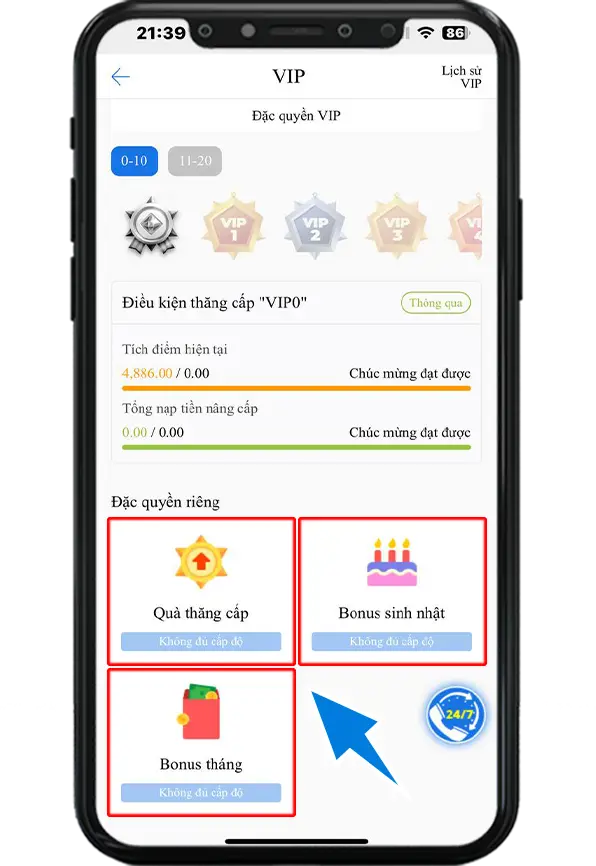 Bước 3 : Tại mục VIP kéo xuống sẽ hiển thị các phần quà VIP => ấn nhận thưởng (nếu có)
